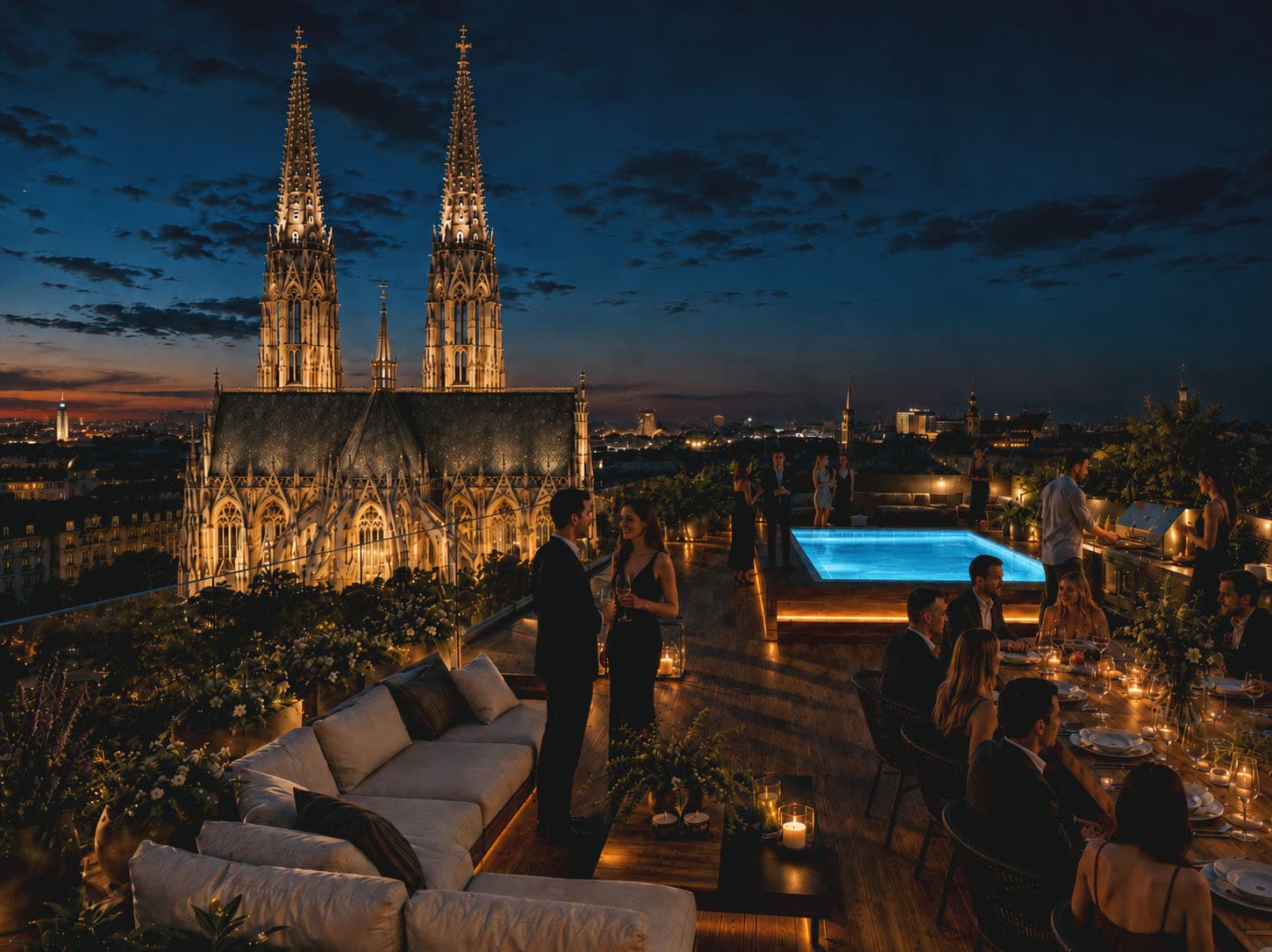 Dachterrasse bei Nacht mit beleuchteter Votivkirche
