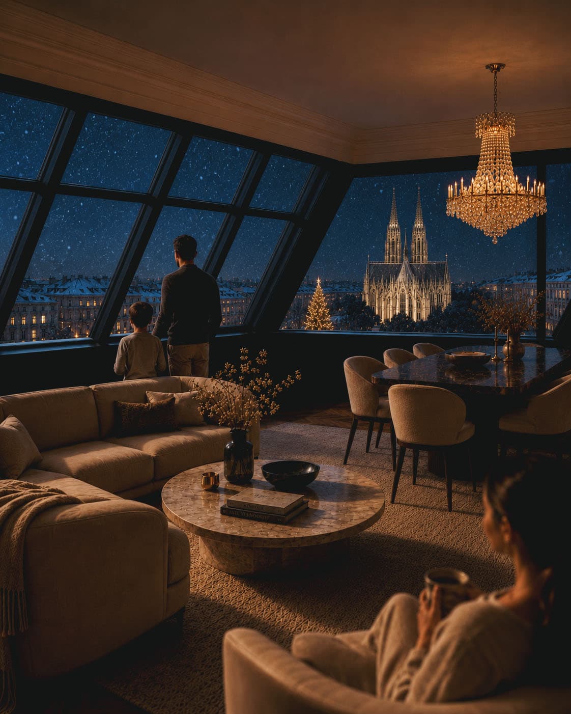Salon mit winterlicher Abendstimmung und Blick zur Votivkirche
