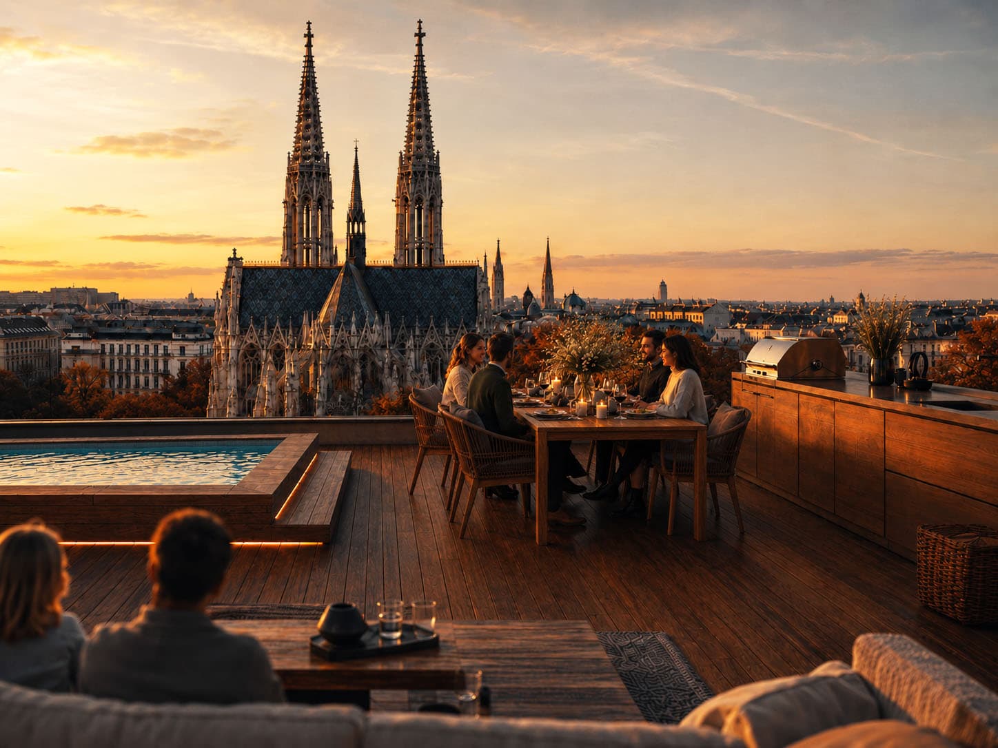 Dachterrassen-Dinner bei Abendstimmung mit Votivkirchenblick