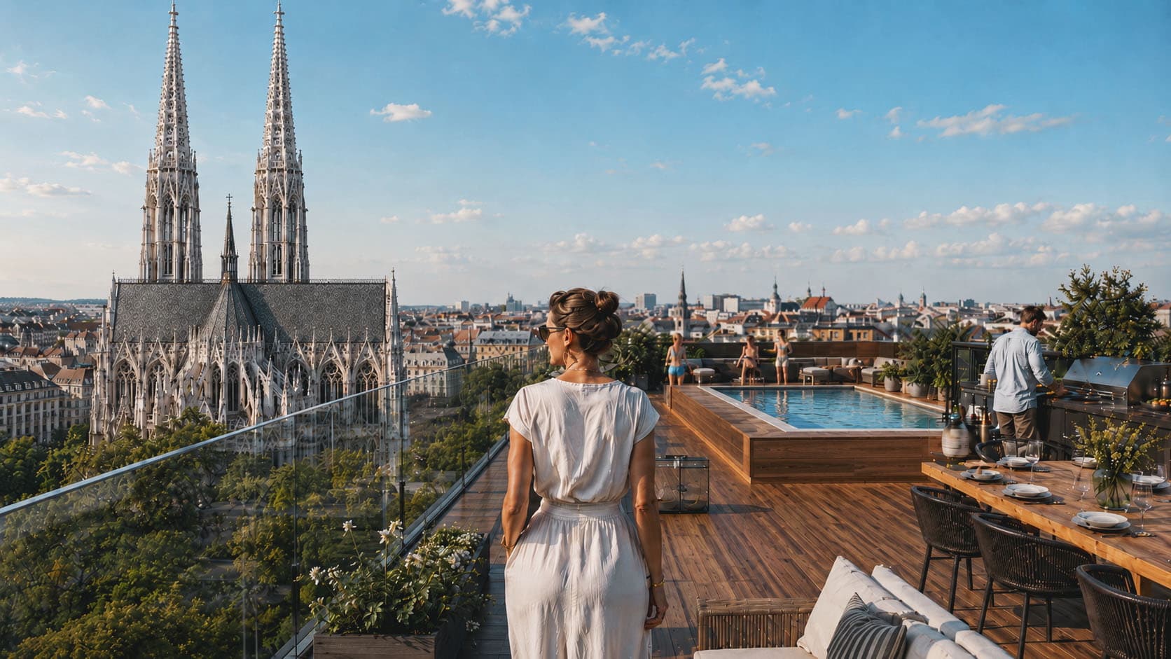 Dachterrasse mit Votivkirchenblick, Pool und gedecktem Tisch